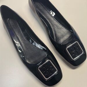 Navy Patent Leather Flats with Square Buckle